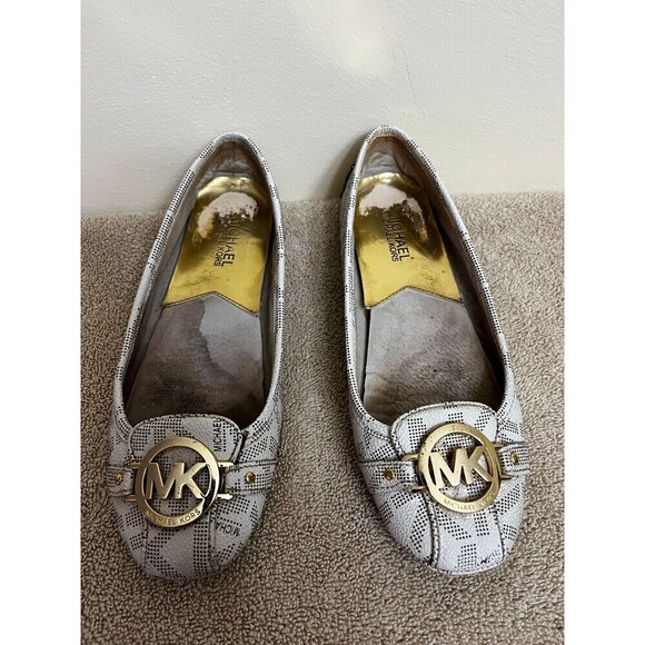 Michael Kors Fulton Gold MK Logo Vanilla Sgnature Flats SZ 7M - Picture 2 of 6